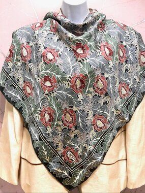 Vintage  Liberty 100% Silk Satin n 26" Black bray green brown pink   floral (28
